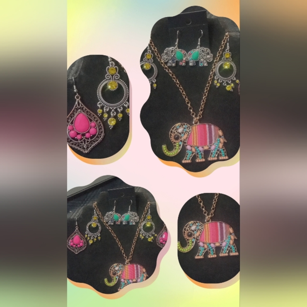 BOHO Elephant Pendant and Earring Set Bohemian Coastal Cowgirl Colorful Festival